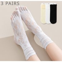 3 Pairs Lace Toe Socks Women Summer Hollow Out Mesh Five Finger Socks High Tube Cotton Socks with With Separate Fingers