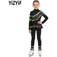 Children Girls Figure Ice Skating Outfit Long Sleeve Zipper Peplum Jacket+Leggings Sets Rhythmic Gymnastics Ballet Dancewear