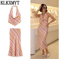 KLKXMYT Women Set Fashion Stripe Satin Halter Tops + Elegant Midi Skirt Set Casual 2026 Spring Summer Woman Outfit