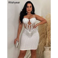 Wishyear Sexy Night Club Mesh Black Bodycon Cocktail Birthday Mini Dresses Women Diamonds Rhinestone Party Prom Vestidos Luxury