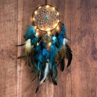 1PC Blue Life Tree Dream Catcher Net, Handmade Dream Catcher with Feathers and Fairy Tale Lights, Wall Mounted Decorative