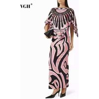 VGH High End Style Printed Satin Two Piece Set for Women Boat Neck Loose Draped Sleeve Top Bodycon Skirt Suit for Office Casual