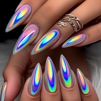 24pcs/set Holographic Plated fake nails for women girls long waterdrop purple aurora glossy nail tips press on false nail art