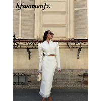 Elegant Lace Patchwork Women's Skirts Suit Long Puff Sleeve V-Neck Short Coat Mini Skirt 2026 Summer Fashion Female Outfits