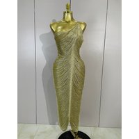 Women Sexy Gold Tassels One Shoulder Bodycon Bandage Dress Elegant Celebrity Evening Party Nightclub Bar Birthday Cocktail Dress