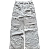 Y2K Retro White Jeans Pocket Versatile Holes Ruched Design Biker Denim Pants Fashion High Street Streetwear Unisex Baggy Pants