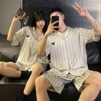 Women and Men Matching Cardigan Homewear Summer Ice Silk Pajamas Set for Couples Short Sleeves Shorts Pijamas for Lovers Hombre