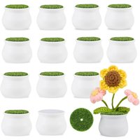 2 Inch Little White Pots 12 Pack Plastic Plant Pots with Foam and Simulated Lawn for Crochet Flowers Knit Plants DIY Craft Home