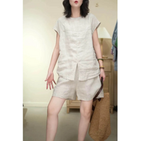 Women Casual Light Gray Two-Piece Set Short Sleeve Blouse Shorts For Summer