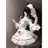 Summer New Sweet Lolita Style Cos Nurse Suit Striped Top Puffy Skirt Sleeve Cover Three Piece Set Women's Fashion Ensemble