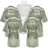 Grass Green Women's White Letter Bride Bridesmaid Short Satin Robes for Wedding Party Getting Ready