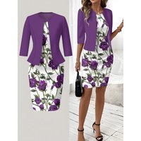 Autumn and Winter Edition Purple Roses On White Background casual style pattern round neck Dress suit