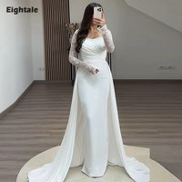 Eightale Arabic Evening Dress for Wedding Party Long Sleeves V-Neck Ivory Stretchy Satin Mermaid Customized Beaded Prom Gown