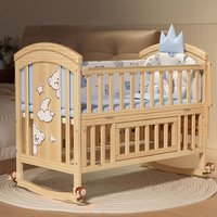 Wood Baby Crib with Diaper Table Newborn Baby Bed Multifunctional Baby Rocking Bed with Wheels and Mosquito Net