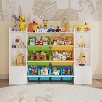 Multifunctional Kids Toy Storage Organizer, 8 Removable Toy Bins, 6 Storage Cubbies, Large Wooden Toy Storage and Bookshelf for Playroom, Bedroom, Nursery, or Study Area(White+Colorful)