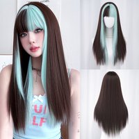Long Straight Mocha Brown Wig for Women Synthetic Heat-Resistant Modest Fashion Wear and Go ombre Green Wigs with Neat Bangs