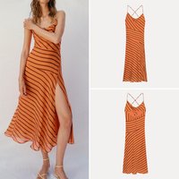 Summer 2026 Women's Midi Dress with Slit Strapless Stripe Windbreaker Collar High Waist European Style Casual Daily Wear