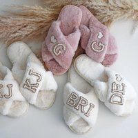 Personalized Gold Pearl Letter Bridesmaids Fluffy Slippers Custom Bridesmaids Proposal Bachelorette Party Maid of Honor Gift