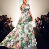 Dress Women Lace Up Sling Floor Length Dresses Print Floral Sexy High Waist Slash Neck A Line Gown Elegant Vestidos 2024