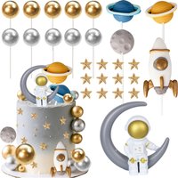 Outer Space Cake Decor with Star Astronaut Rocket Cake Pick for Trip to the Moon Theme Baby Shower Birthday Party DIY Cake Decor