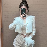Fashion Feather Long Sleeve Suit Jacket Women One Button Cropped Blazer Ladies Office Blazers For Woman Streetwear White Coats