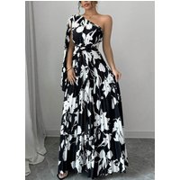 Maxi Dress Spring Summer Women Black White Abstract Print One Shoulder Pleated Hem Elegant Chic Date Party Evening Dress