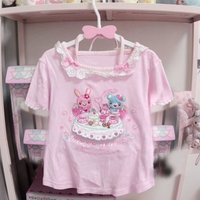 Japanese Pink Print Playful Daughter Clothing Summer Short Sleeved Cute Sweet Soft Girl Lace Retro Tshirt Short Tops New Clothes