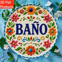 2D Flat, 1pc Spanish "BAÑO" Bathroom Sign - Wood Wall-Mounted Modern Spanish -Like Plaque with Turquoise & Multicolor Floral Bor