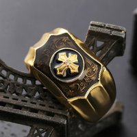 European and American Creative 18K Gold Color Synthetic Black Agate Crossmen's Ring of Faith and Power, Punk Style Jewelry