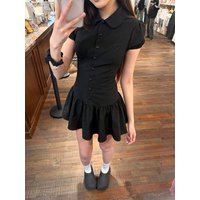 Black Striped Shirt Dress Women's Summer 2026 Waist Cinched Slim A-Line Short Skirt Korean College Style Polyester Fiber