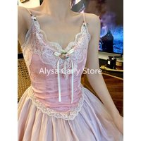 Vintage Elegant Strap Floral Dress Women 2023 Summer Pink Sweet Princess Fairy Dress Sexy Lace Casual Evening Party Long Dresses
