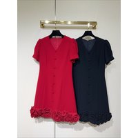 Fashionable three-dimensional flower patchwork hem A-line dress elegant V-neck short-sleeved dress women's party wear