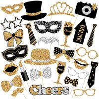 30pcs Black Golden Party Photo Booth Props for Birthday Weddings Graduation Prom New Year Party Supplies Hats Lipstick Tie Crown