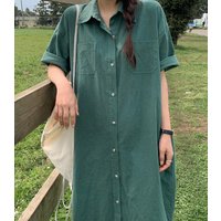 Loose Fit Long Shirt Dress Women's Spring Summer Autumn Cotton Linen Short Sleeve Casual H Type Dress Green Color Single Button