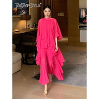 TWOTWINSTYLE Casual Solid Loose Dress For Women Round Neck Half Sleeve Patchwork Ruffle Trim Midi Dresses Female 2022 Clothing