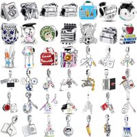 925 Sterling Silver Charms Graduation School Teacher Book Pencil Beads Dangle Pendant Travel Bag Jewelry Gift