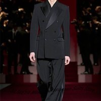 Black Men's Three Breasted Suits 2-piece Set Satin Peaked Lapel Blazer+Satin-trimmed Pants Formal Wedding Evening Party Outfit