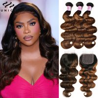 UNICE Hair Brown Balayage Body Wave Human Hair Bundles with Closure Free Part Transparent 4X4 Lace Closure And 2/3/4 PCS Bundles