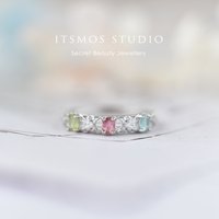 ITSMOS Multicolor Tourmaline Eternity Band Vintage Filigree Copper Ring CZ Accents Stackable Statement Ring for Women
