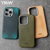 YMW Italian Genuine Leather Case for iPhone 15 Pro Max Personality Vegetable Tanned Cowhide Magnetic Phone Cover