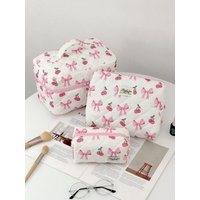 1pc/set Cherry Bow Quilted Makeup Bag, Multifunctional Handheld Makeup Bag, Portable Toiletry Bag Set with Zipper