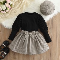 Mädchen Set 2023 Herbst Neue kinder Rundhals Top + Bogen Plaid Kurzen Rock + Hut Drei Stück kinder Mode Set