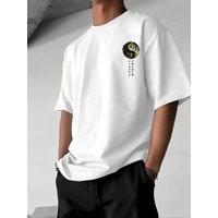 Men's summer 100% pure cotton Japanese yin-yang pattern front and back printed casual loose round neck short sleeved T-shirt