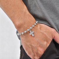 6MM Rosary Bracelets for Men Boys,Stainless Steel Cross Adjustable Beaded Bracelet,Religious Faith Prayer Jewelry Gift
