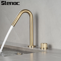 Stenoc Bathroom Brushed Gold Brass Basin Faucet Single Handle Two Holes Separate Bathroom Sink Tap 360 Rotating Hot Cold Switch