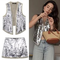 HXAO Sequins Skirt Set Women's Two Pieces Set V-Neck Sleeveless Cardigan Vest 2 Pieces Set For Woman Mini High Waist Skirt Suit