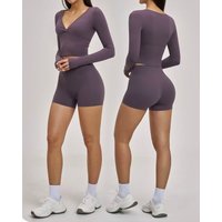 Ningyu Yoga Set 2-piece Women's Sports Suit Gym Set Deep-V Long Sleeve Fitness Set Female Workout Running Shorts Suit Sportswear