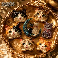 Vintage Calico Kitty Brooch Rhinestones Enamel Cat Pin Green Eyes Animal Brooch Fashion Clothing Accessories Gift for Cat Lover