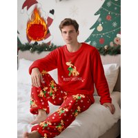 Men's Christmas-themed fleece pajama set, featuring a long-sleeve top and matching pants, comfortable and casual loungewear