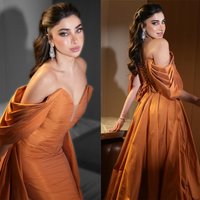 Customized Classic Orange Satin Evening Dress Exquisite Off the Shoulder Celebrity Gowns Formal Lace Up Back Party Gowns